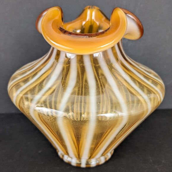 Fenton Amber Gold 5" Glass Vase White Opalescent Striped Art Glass - Picture 2 of 7